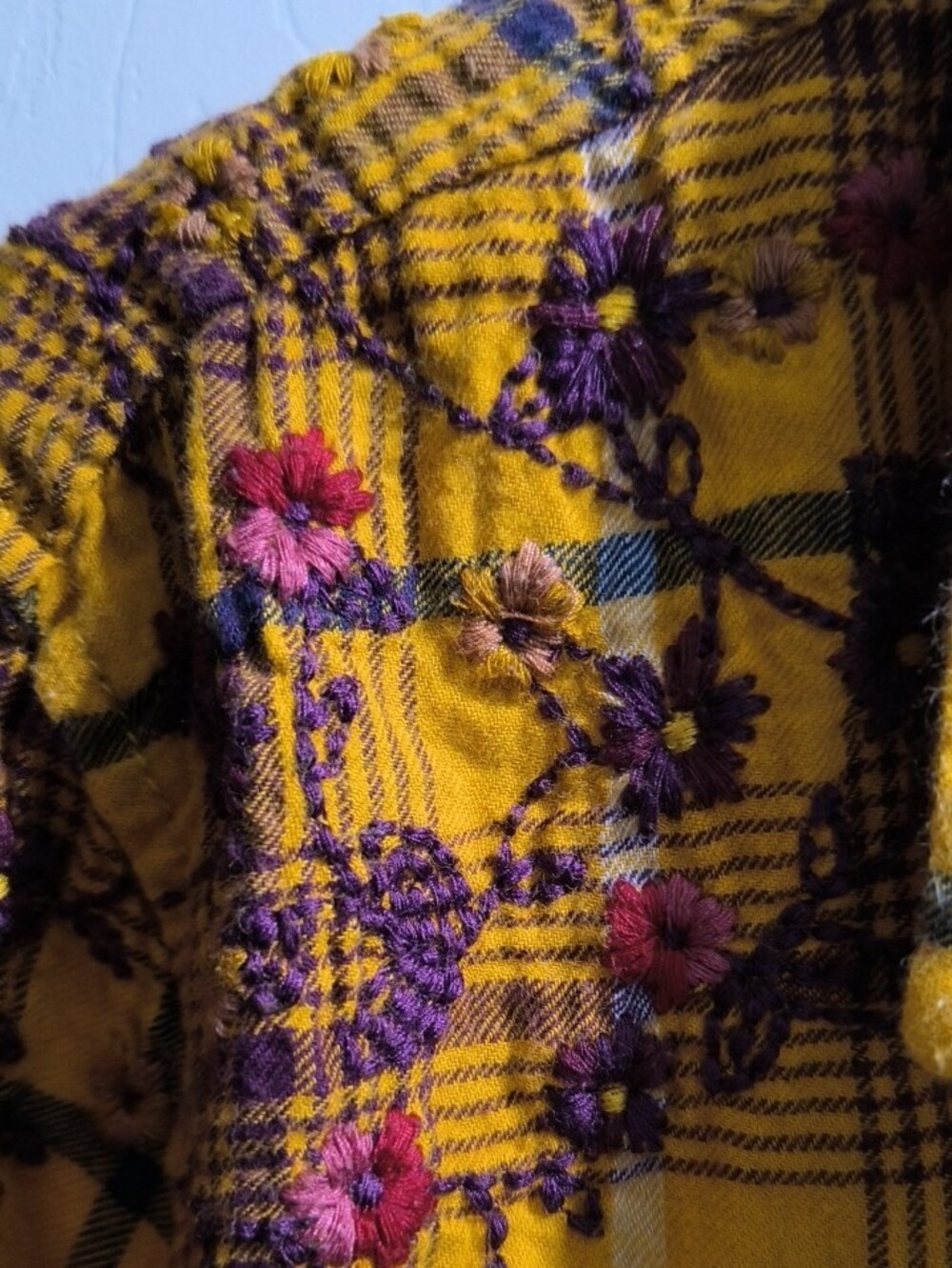 Terra & Sky Yellow Plaid Button-Down Shirt with Shoulder Embroidery - Picture 2 of 3